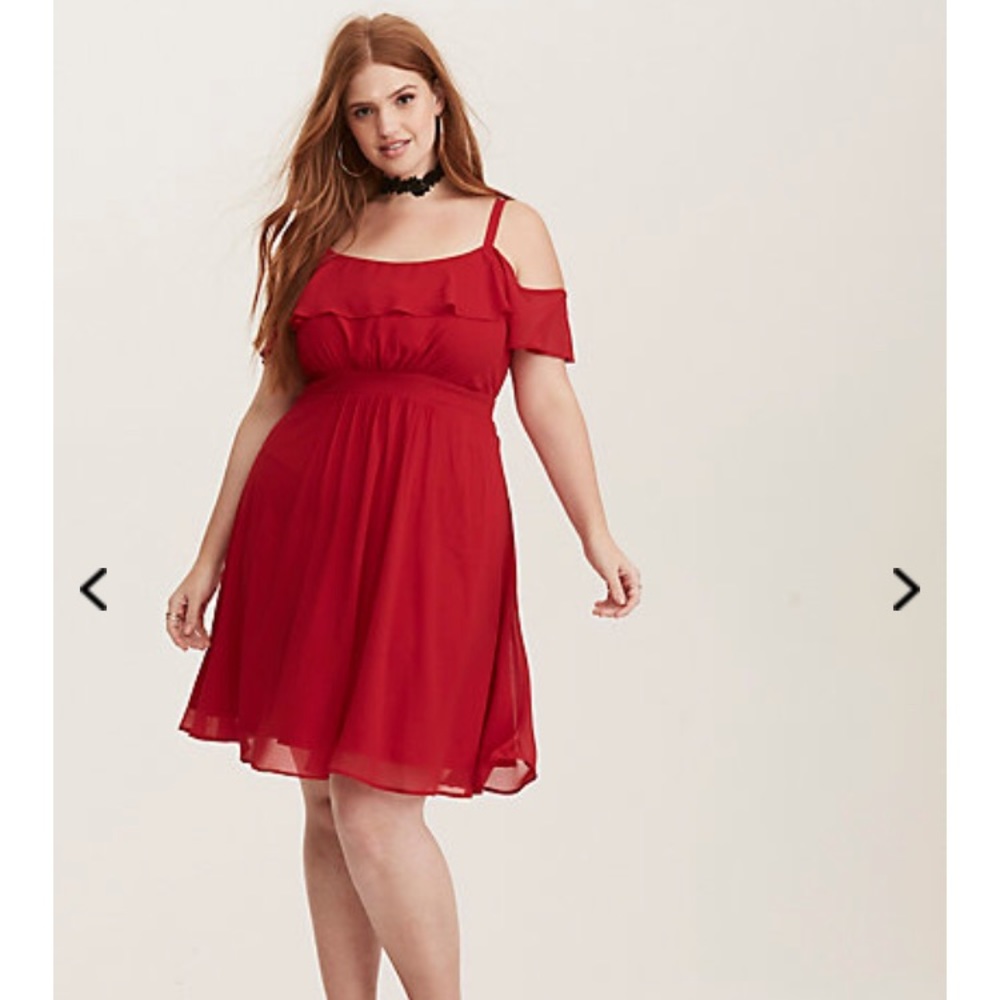 NWT: Red Chiffon Ruffled Cold Shoulder  Dress